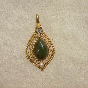 Vintage 1974 Filigree Pendant • Jade-Style Teardrop Cabochon • Signed U.S. Sales